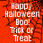 Red background with black spiderweb pattern and white text reading "Happy Halloween Boo! Trick or Treat" in four identical