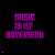 Purple pixelated text "MUSIC IS MY BOYFRIEND" on black background with scattered purple dots and plus signs in animation.