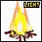 Animated fire icon with three text labels cycling above flames, showing subtle flame motion and text color changes.
