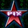 Red star-shaped icons with 'PIX' text in purple, arranged in a pattern on dark green background