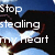 Animated icon shows a black silhouette of two figures embracing against blue sky with white clouds, text changes from 'Stop stealing my heart' to 'I had it first'.