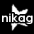 A black background displays the text 'nikag' with a white bird-like shape and multiple colored stars in green, blue, orange, pink, and purple.