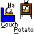 Pixelated cartoon scene with blue couch, brown TV frame, and white text labels showing 'Ha', 'Couch Potato', and 'Crap' in various configurations.