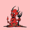 Red devil figure with black horns and tail sits on brown textured base holding pitchfork, alternating between two poses against pink background.