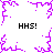 Purple pixelated snowflake-like shapes rotate around four 'HHS!' text blocks on a white background, forming a circular animation pattern.