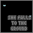 Static text 'SHE FALLS TO THE GROUND' in gray block letters on black background with animated color changes to individual words.