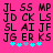 Pixelated black text characters on bright pink background with cyan and gray star-like symbols at bottom, two identical sets of letters arranged in four