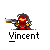 Pixel art character in red armor with dark hair holding a weapon, displayed in a with repeated "Vincent" text below