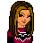 Pixel art character icon with two views showing a female figure in maroon crop top and blue flared pants, plus text reading "~Steph~".