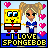 Pixel art contact sheet of five animated frames showing Spongebob Squarepants and a cartoon girl with pigtails, surrounded by pink hearts and text reading "I LOVE SPONGEBOB" on blue backgrounds.