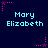 Dark blue background with repeated light cyan text 'Mary Elizabeth' and pink star-shaped pixel art elements.