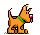 Pixelated orange dog with green collar holding red-and-white object, shown in six sequential poses on gray background.