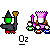 Pixel art animation of a witch, a princess, and a house with striped walls, showing sequential changes in the house's roof and door, and the witch's position.