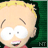 Pixelated cartoon character with blonde hair and large white eyes, wearing red shirt, displayed in with vertical text labels