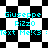 Pixelated cyan text on black-and-white checkered backgrounds with varying patterns across two states