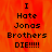 Pixelated text on an orange flame background with a gray section, displaying 'I Hate Jonas Brothers DIE!!!!!' in black block letters.