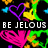 Pixelated graphic with black background featuring two heart shapes and text reading "BE JELOUS" in white block letters.