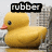 Yellow rubber duck with orange beak and black eye, positioned in front of a -patterned background. Text above the duck changes across frames