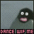 A 4-frame animated contact sheet showing a pixelated cartoon character with black hair, white eyes, and pink mouth dancing against a gray background with repeated text "DANCE WIF ME" in red block letters.