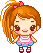 Pixel art contact sheet of a chibi-style girl character with orange hair in high ponytail, pink bow, red cheeks, and striped top across five animated frames showing facial expression changes and floating hearts.