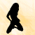 Black silhouette of a woman in a bent-over pose with one hand on her hip, transitioning to a seated position on a stool with legs spread apart.