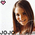 A contact sheet of five animated frames showing a woman with brown hair smiling, each frame featuring pixelated heart symbols and the text "JOJO" in varying colors above her head.