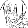Black-and-white line drawing of a chibi-style anime character with large eyes, short hair, and a small mouth, wearing a high-collared garment with a bow.