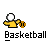Pixelated yellow figure with white head holding basketball, performing shooting motion with hoop and backboard visible below text.