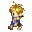 Pixelated character with blonde hair and blue outfit in six sequential poses showing walking motion against gray background.