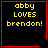 Four identical black squares with red borders display yellow text reading 'abby LOVES brendon!' and contain a small red heart or star symbol in the bottom-right corner of one square.