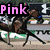 Animated sequence showing a jockey on horseback racing, with text overlays changing from 'Pink' to 'Music' and then to 'TBs'.