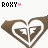 A heart-shaped icon with layered brown and white sections containing a stylized 'F' symbol, displayed in multiple variations of text labels above it.