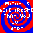 Four identical pixelated display red and blue spiral patterns with white text reading "Ebony is more fresh than you yo. word." on a solid background