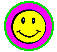 Yellow smiley face with blue eyes and pink-green border showing multiple mouth expressions including closed, toothy grins, and wide smiles.