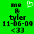 Green background with black text reading 'me & tyler 11-06-09 <33' and a white pixelated heart symbol above 'me' on the left side.