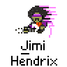 Pixel art animation of a Jimi Hendrix character playing electric guitar with motion blur effects across multiple frames.