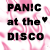 Animated contact sheet of 8 frames showing text variations for "PANIC at the DISCO" with pink heart background and pixelated lettering changes across frames.