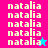 Pixelated text 'natalia' repeated in across four colored with two star icons, one blue and one pink