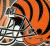 Two football players in orange and black striped helmets with silver face masks, positioned side-by-side on an orange background displaying 'BENGALS!' text twice.