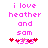 Pixelated text in pink reads 'i love heather and sam' with red hearts and a pink number sequence below on white background.