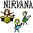 A 4-frame animated contact sheet showing pixel art stick figures of a band performing with "NIRVANA" text above each frame, featuring drummer, guitarist, and bassist roles across frames.