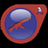 Pixelated red teardrop-shaped icon with blue circular center containing white gradient oval and orange-red diagonal line, small white-and-blue figure on right edge.