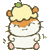 Pixelated hamster with orange-brown head stripe, white body, pink feet, and green-topped apple on its head stands against gray background.