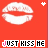 A 4x3 contact sheet of animated frames showing a red background with white lips and the text "JUST KISS ME" in pixelated font, each frame displaying slight variations in lip shape and text color.