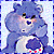 Two side-by-side frames of a pixelated blue Care Bear character with pink cheeks, white belly emblem, and red paw pads in different poses against a light background.