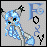 Pixel art of a blue-furred anthropomorphic fox with long braided hair, closed eyes, and black star-shaped ears against a gray background.