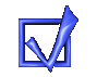 Blue 3D-rendered geometric shapes including a square frame and checkmark-like form in various configurations against a gray background.