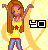 Pixel art icon of a cartoon woman with long brown hair wearing a yellow top and purple pants, standing against a bright yellow background with radiating lines and a black-and-white 'YO' logo.