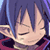 Pixelated static image of a character with closed eyes and spiky hair, wearing a red garment against a dark blue background.