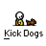 A 4x3 contact sheet of a pixel art animation showing a stick figure kicking dogs, with some frames displaying "ARF!" text above the dog.